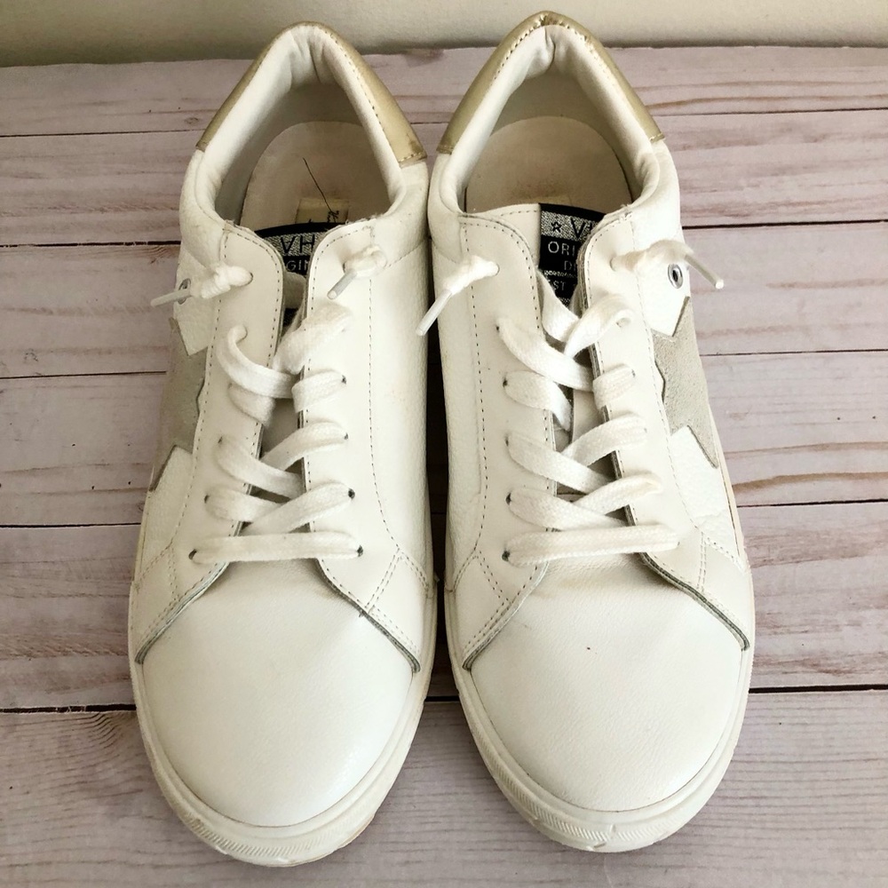 VINTAGE HAVANA Carla White Leather Gold Foil Taupe Star Sneakers 9 Good Codition - Picture 4 of 9